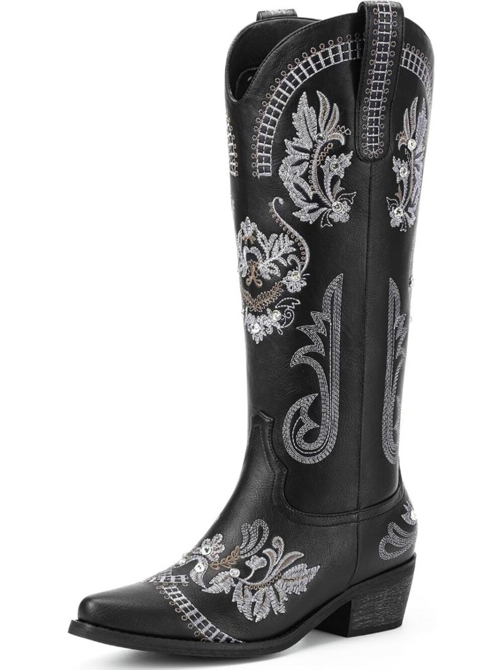 Women's Black Rubber Knee High Western Cowgirl Sparkly Rhinestone Heeled Boots